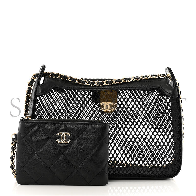 CHANEL MASTER MESH SHINY LAMBSKIN CLUTCH WITH CHAIN BLACK 1667264 (21*15*5cm)