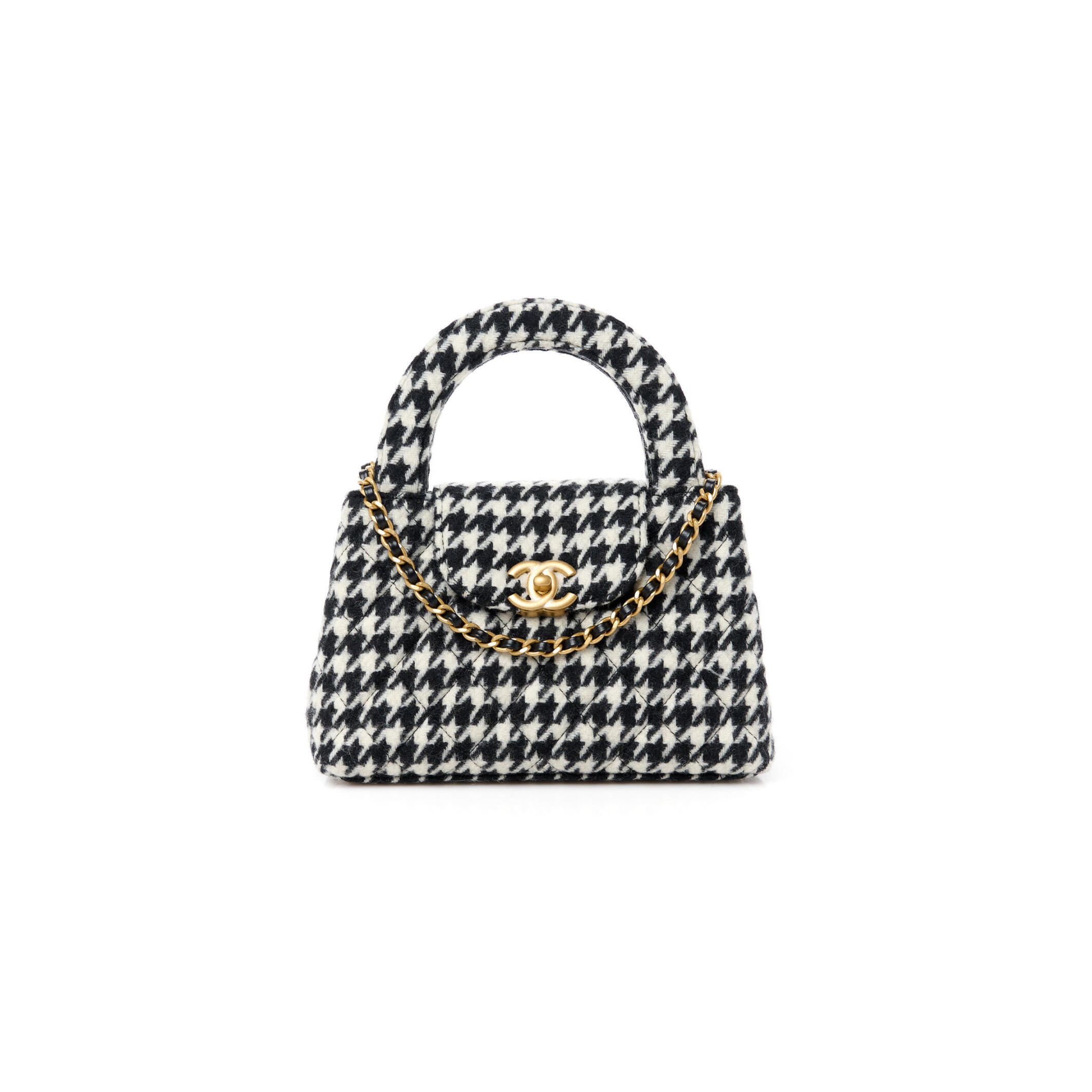 CHANEL TWEED HOUNDSTOOTH QUILTED NANO KELLY SHOPPER BLACK WHITE 1523860 (20*13*6cm)