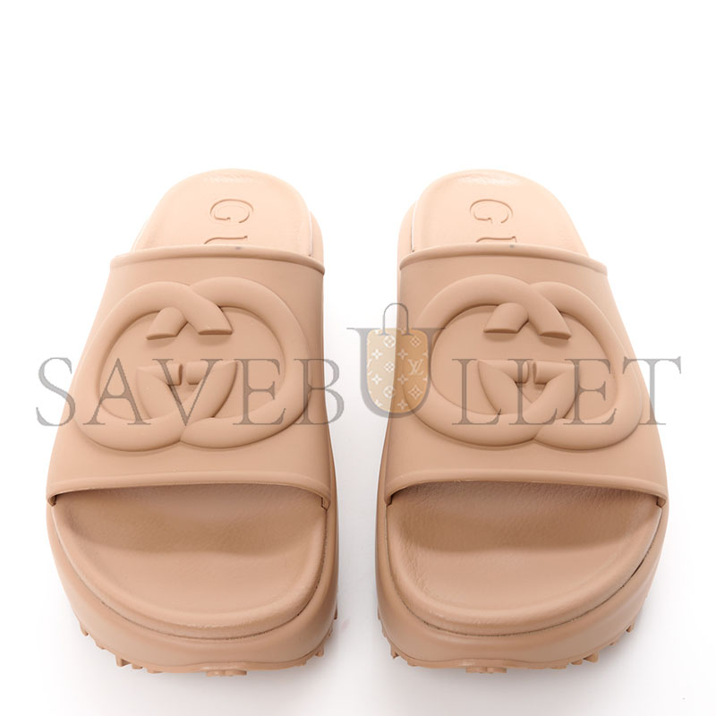 GUCCI SOFT RUBBER WOMENS INTERLOCKING G PLATFORM SLIDE SAND 692845