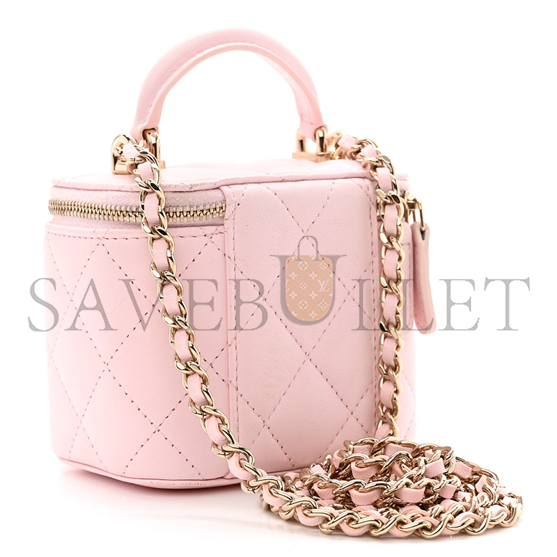 CHANEL LAMBSKIN QUILTED MINI TOP HANDLE VANITY CASE WITH CHAIN LIGHT PINK 1334686 (10*9*7cm)