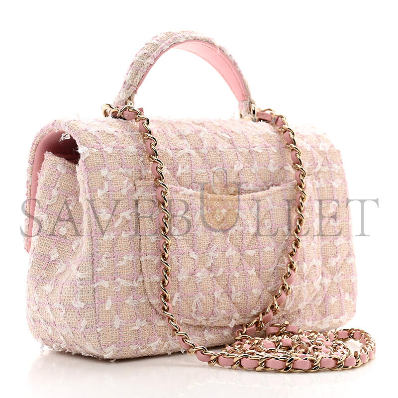 CHANEL TWEED QUILTED MINI TOP HANDLE RECTANGULAR FLAP LIGHT PINK 1386916 (20*12*6cm)