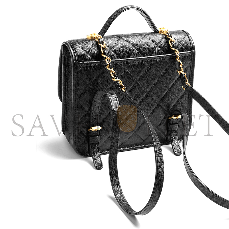 CHANEL BACKPACK GRAINED SHINY CALFSKIN & GOLD-TONE METAL BLACK AS5715 (22*19.5*7cm)