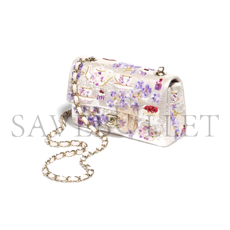 CHANEL NEW MINI CLASSIC FLAP BAG IN EMBROIDERED SATIN A69900 01 (20*12*6cm)
