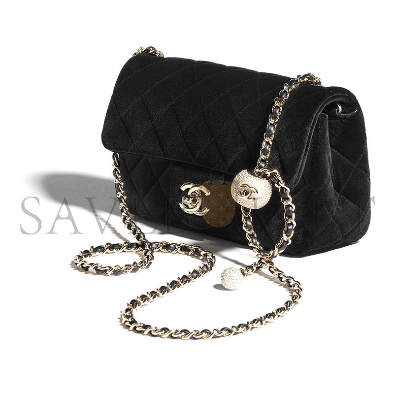 CHANEL MINI FLAP BAG VELVET, DIAMANTÉ & GOLD-TONE METAL BLACK AS1787 (20*13*7cm)