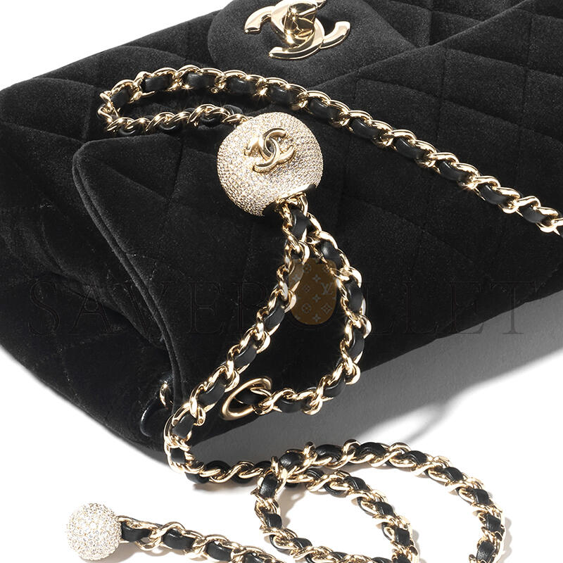 CHANEL MINI FLAP BAG VELVET, DIAMANTÉ & GOLD-TONE METAL BLACK AS1787 (20*13*7cm)