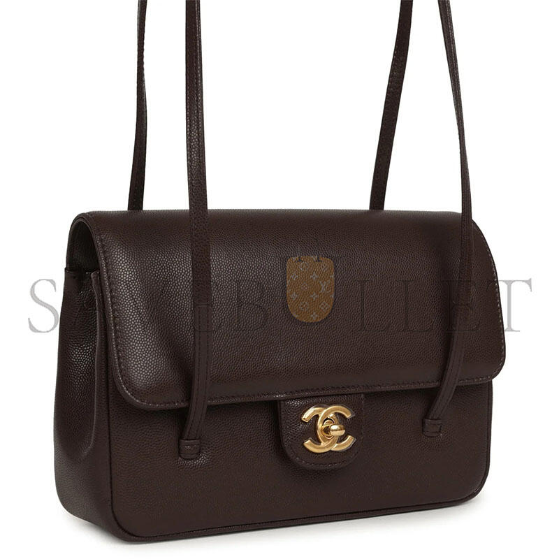 CHANEL MASTER SMALL PREPPY COCO FLAP BAG DARK BROWN SHINY CAVIAR BRUSHED GOLD HARDWARE (22*15*5cm)