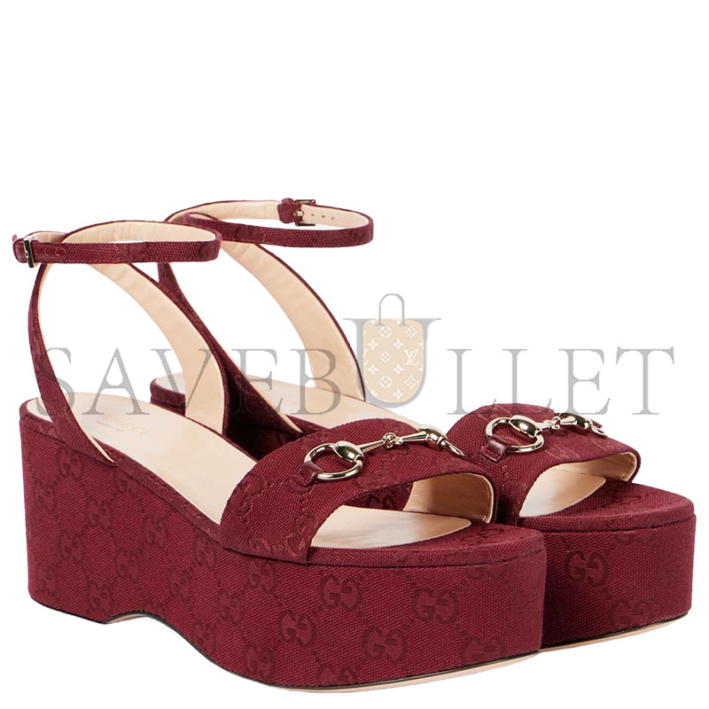 GUCCI LADY HORSEBIT GG CANVAS WEDGE SANDALS