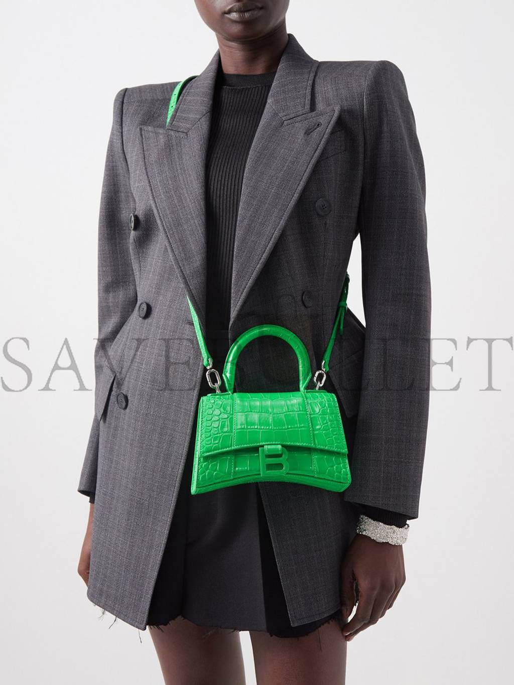 BALENCIAGA GREEN HOURGLASS XS CROC-EFFECT LEATHER CROSS-BODY BAG MATCHESFASHION US (19.5*12*5cm)