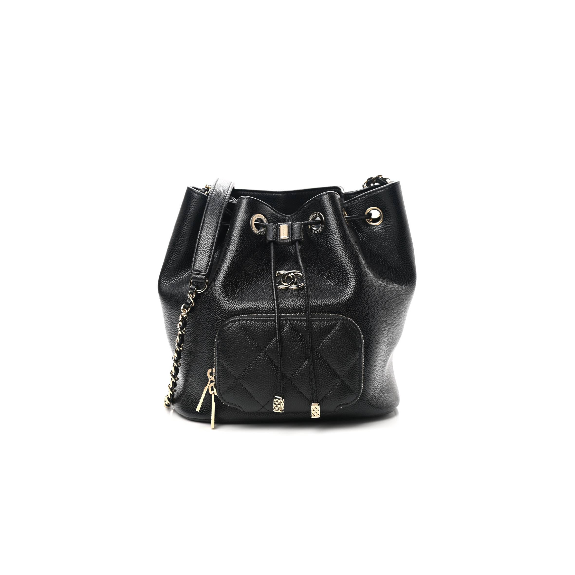 CHANEL MASTER CAVIAR QUILTED CC POCKET BUCKET BAG BLACK ROSE GOLD HARDWARE (19*18*8cm)