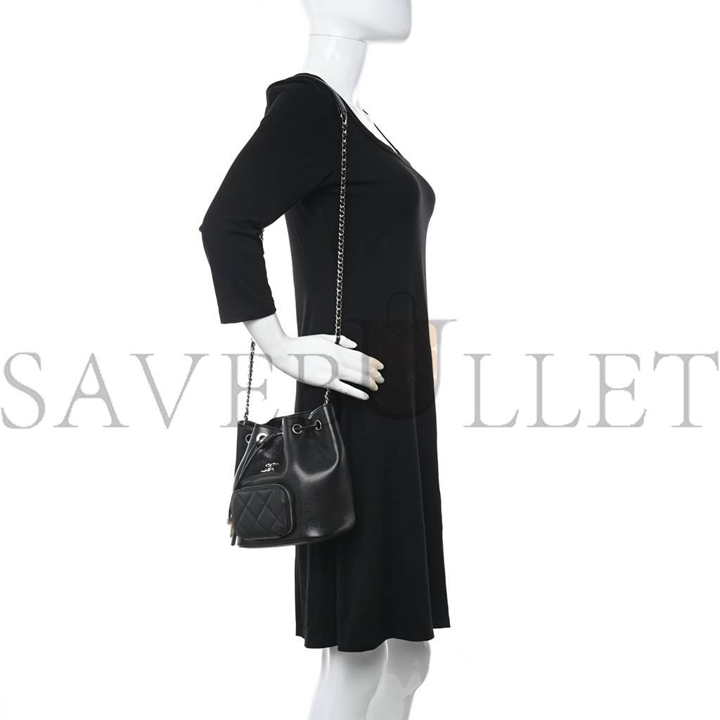 CHANEL MASTER CAVIAR QUILTED CC POCKET BUCKET BAG BLACK ROSE GOLD HARDWARE (19*18*8cm)