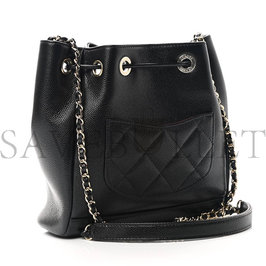 CHANEL MASTER CAVIAR QUILTED CC POCKET BUCKET BAG BLACK ROSE GOLD HARDWARE (19*18*8cm)