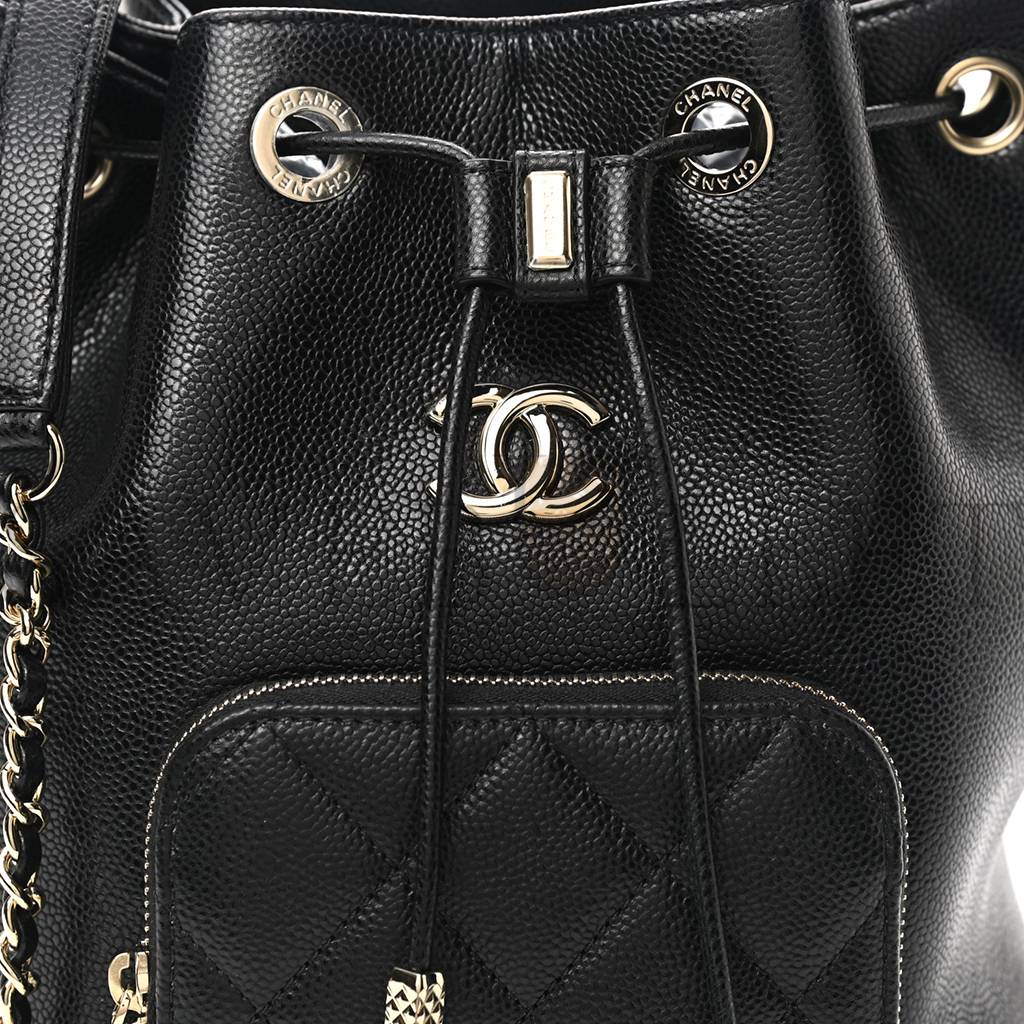 CHANEL MASTER CAVIAR QUILTED CC POCKET BUCKET BAG BLACK ROSE GOLD HARDWARE (19*18*8cm)