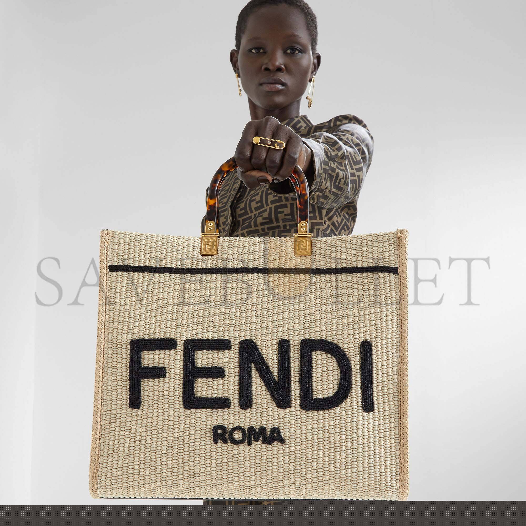 FENDI SUNSHINE MEDIUM - BEIGE AND BLACK STRAW SHOPPER 8BH386AKRPF1CBX (35*31*17cm)