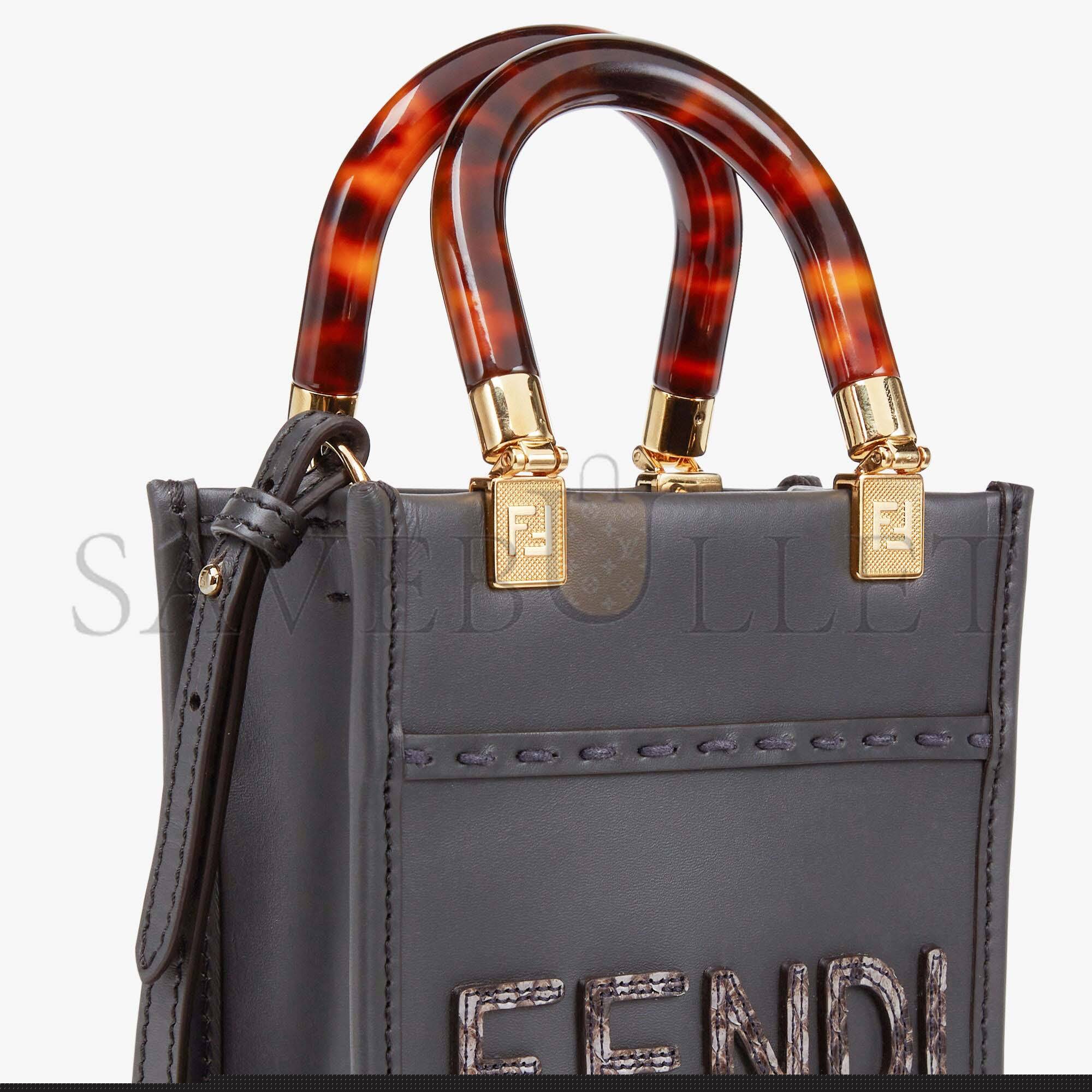 FENDI MINI SUNSHINE SHOPPER - DARK GRAY LEATHER AND ELAPHE MINI-BAG 8BS051AHN5F1DMK (18*13*6.5cm)