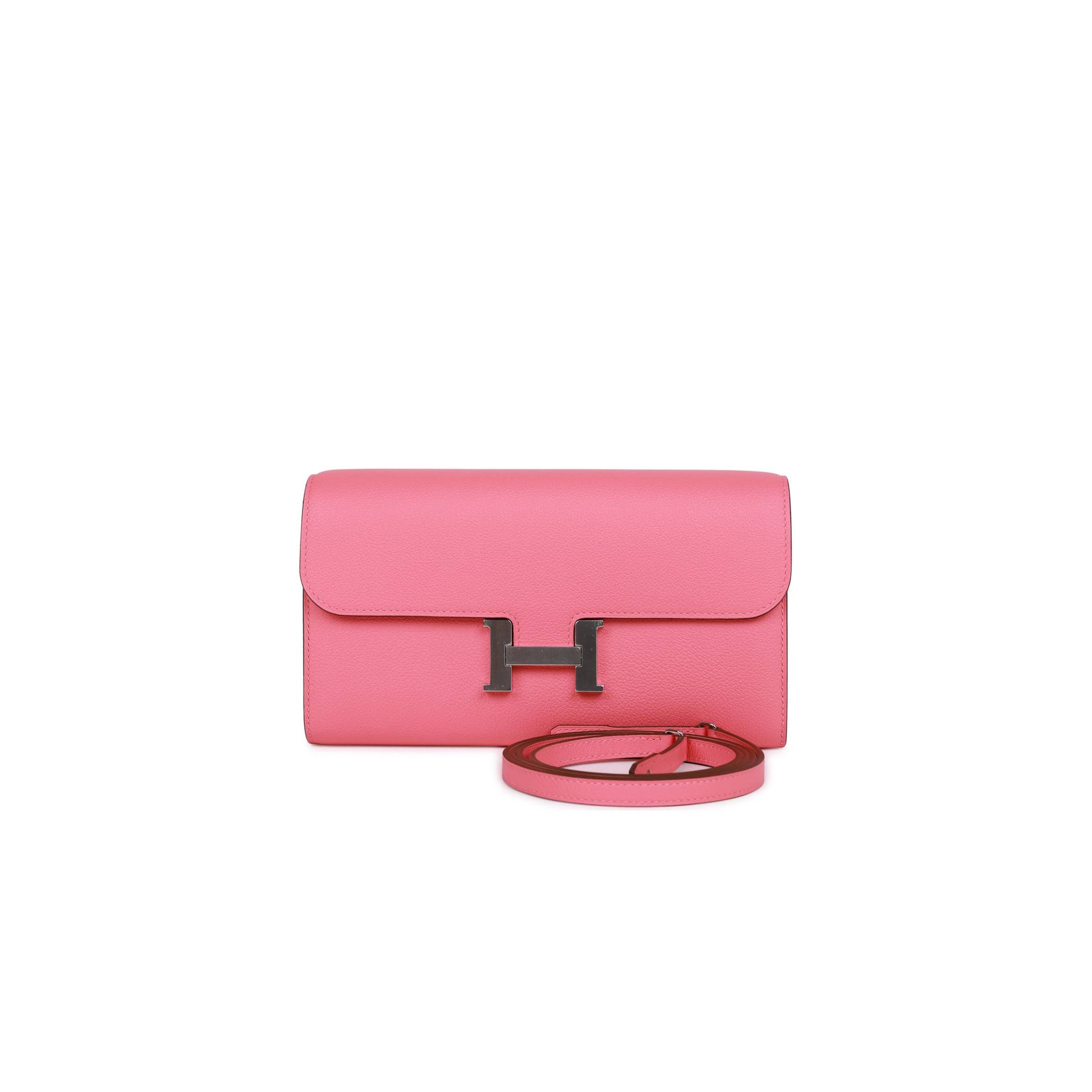 HERMES CONSTANCE WALLET TO GO ROSE AZALEE EVERCOLOR PALLADIUM HARDWARE  (20*11*4cm)