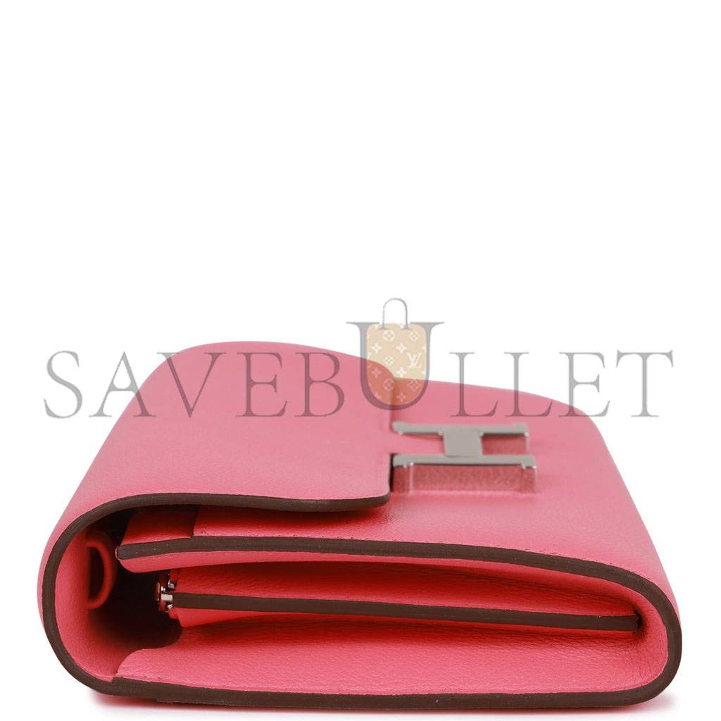 HERMES CONSTANCE WALLET TO GO ROSE AZALEE EVERCOLOR PALLADIUM HARDWARE  (20*11*4cm)