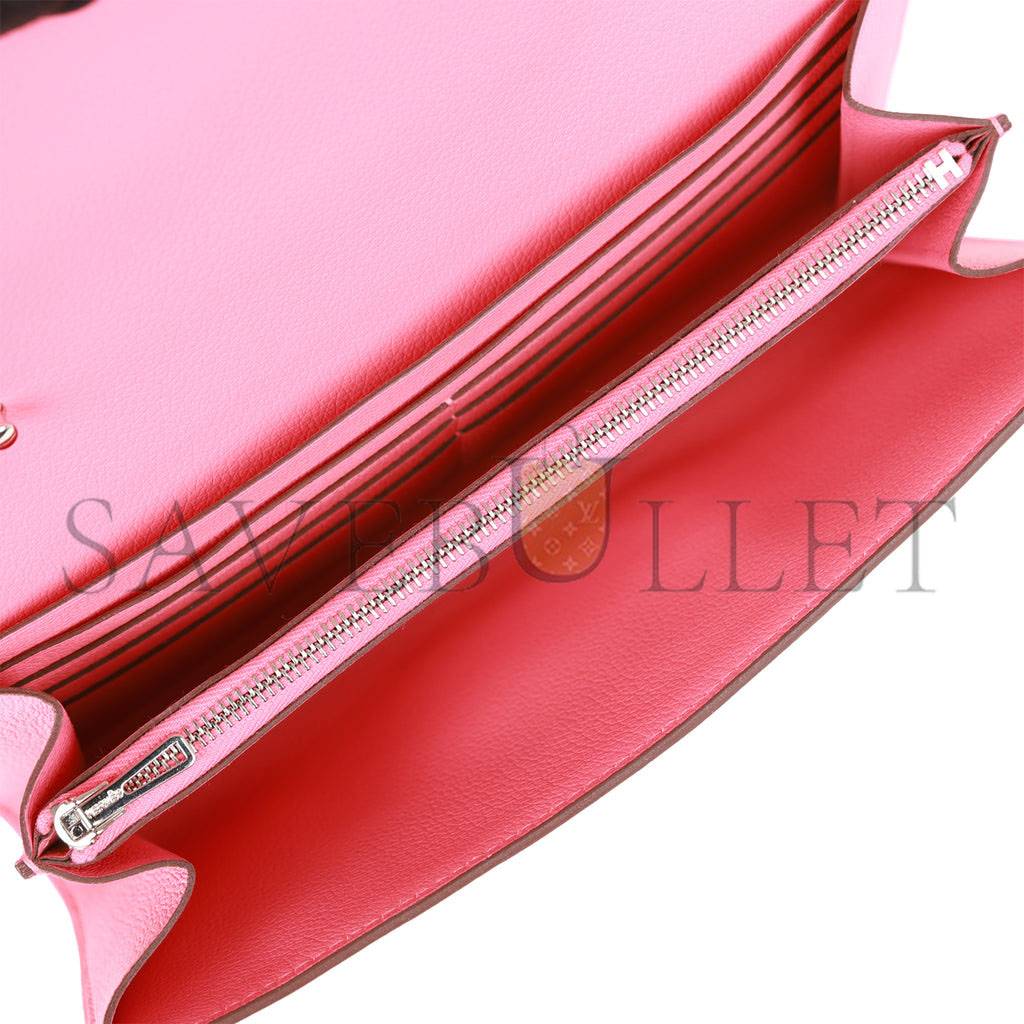 HERMES CONSTANCE WALLET TO GO ROSE AZALEE EVERCOLOR PALLADIUM HARDWARE  (20*11*4cm)