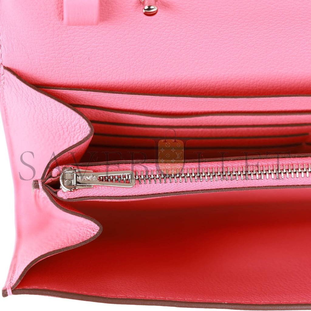 HERMES CONSTANCE WALLET TO GO ROSE AZALEE EVERCOLOR PALLADIUM HARDWARE  (20*11*4cm)
