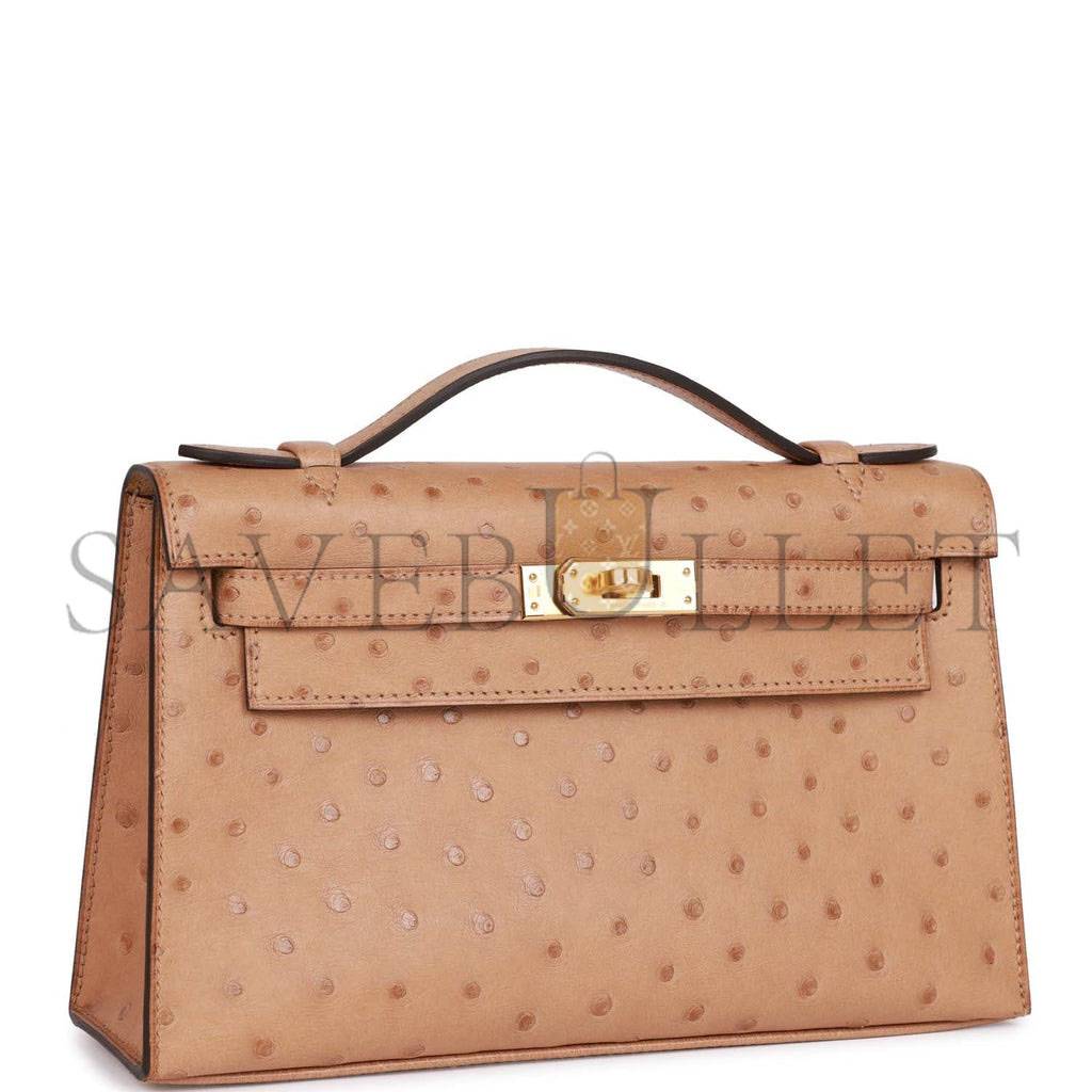 HERMES MASTER KELLY POCHETTE CHAI OSTRICH GOLD HARDWARE  (22*12*13cm)