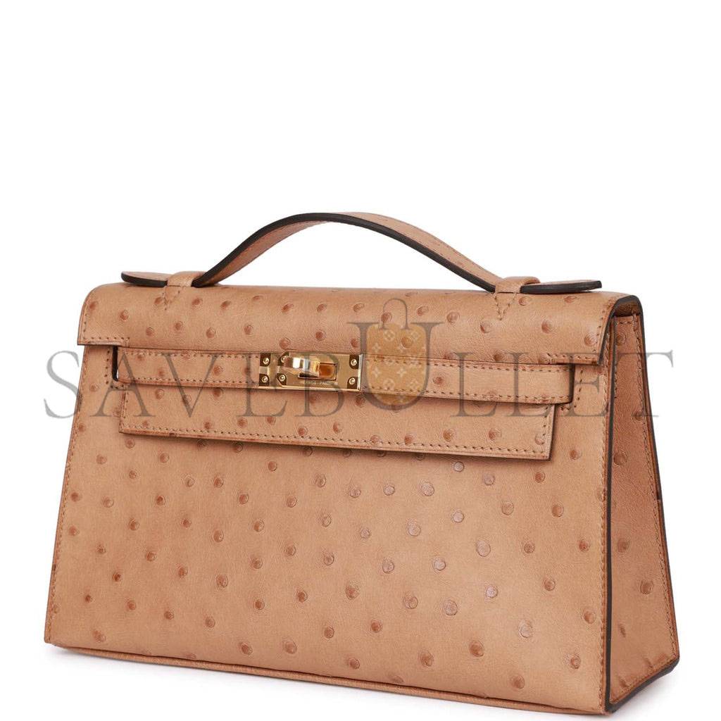 HERMES MASTER KELLY POCHETTE CHAI OSTRICH GOLD HARDWARE  (22*12*13cm)