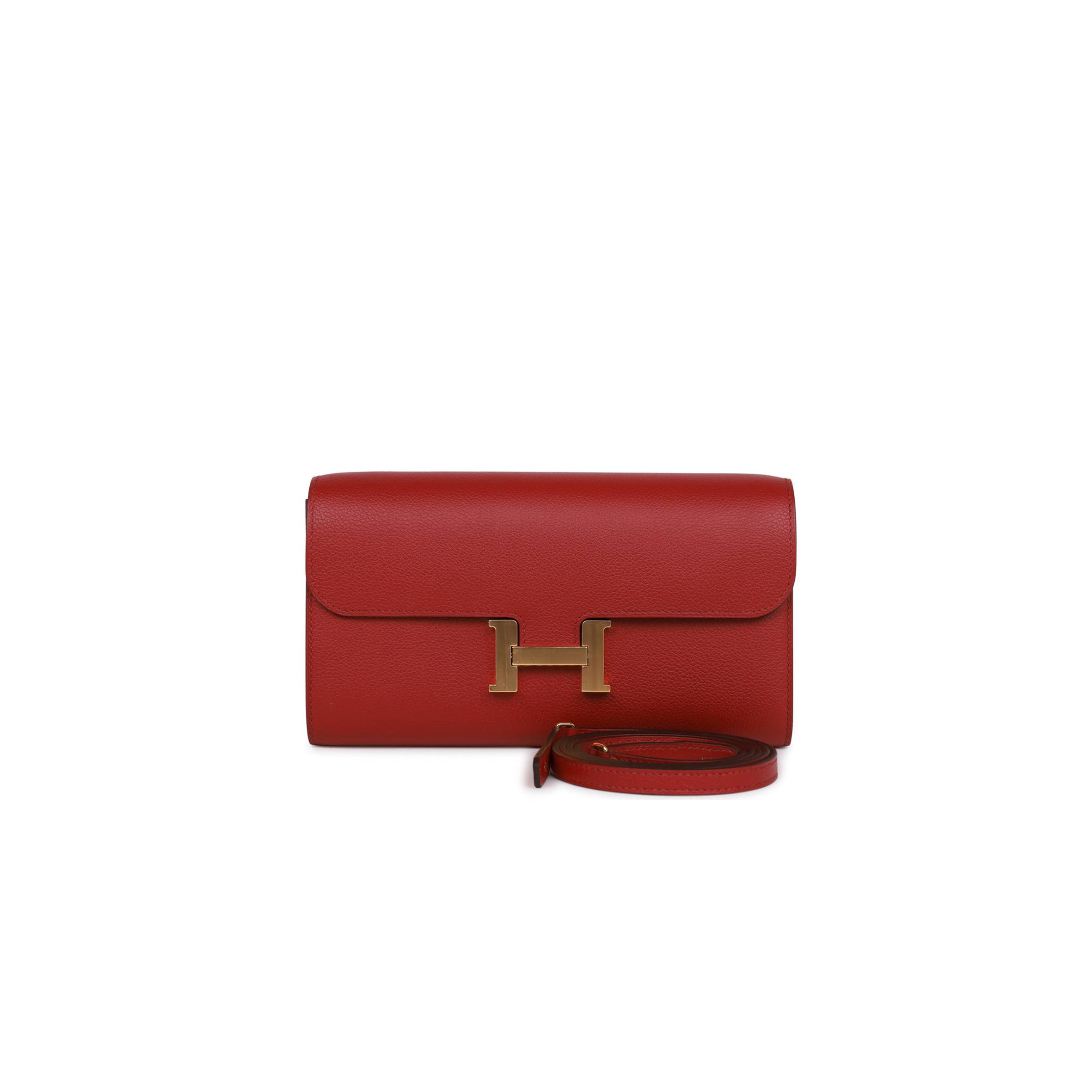 HERMES CONSTANCE WALLET TO GO ROUGE GRENAT EVERCOLOR GOLD HARDWARE  (20*11*4cm)