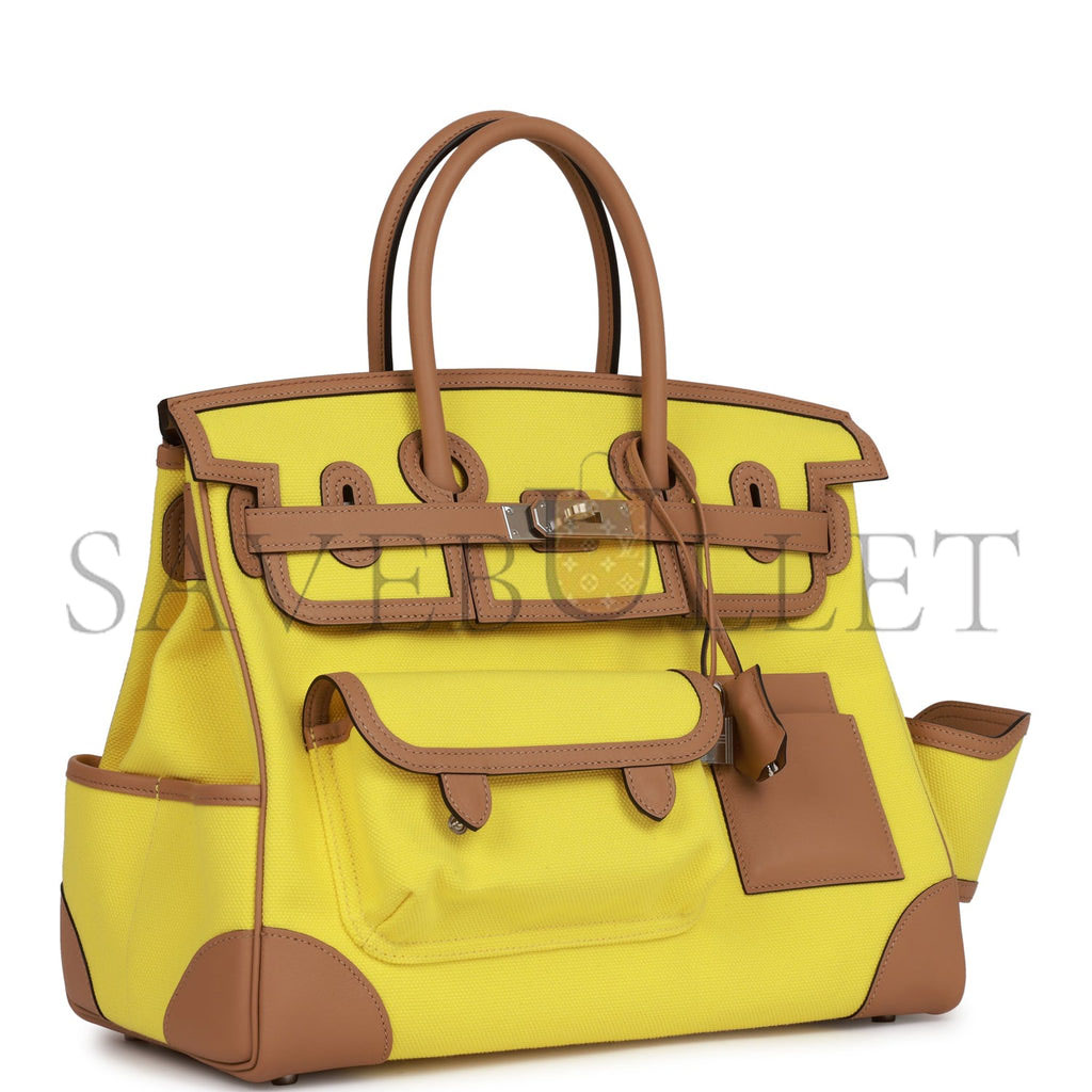 HERMES MASTER BIRKIN 35 CARGO JAUNE CITRON TOILE AND CHAI SWIFT PALLADIUM HARDWARE (35*28*18cm)
