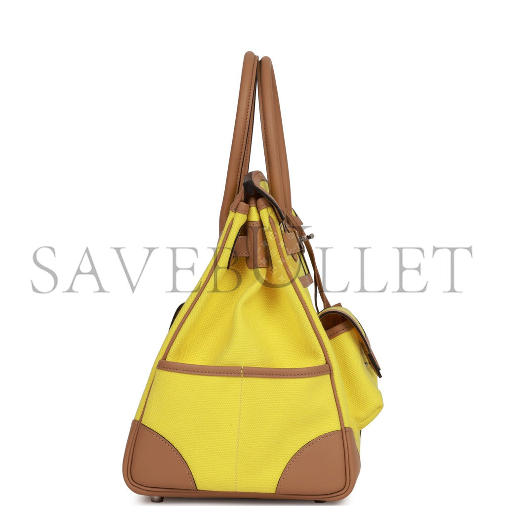 HERMES MASTER BIRKIN 35 CARGO JAUNE CITRON TOILE AND CHAI SWIFT PALLADIUM HARDWARE (35*28*18cm)