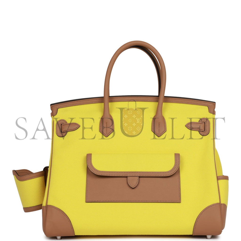 HERMES MASTER BIRKIN 35 CARGO JAUNE CITRON TOILE AND CHAI SWIFT PALLADIUM HARDWARE (35*28*18cm)