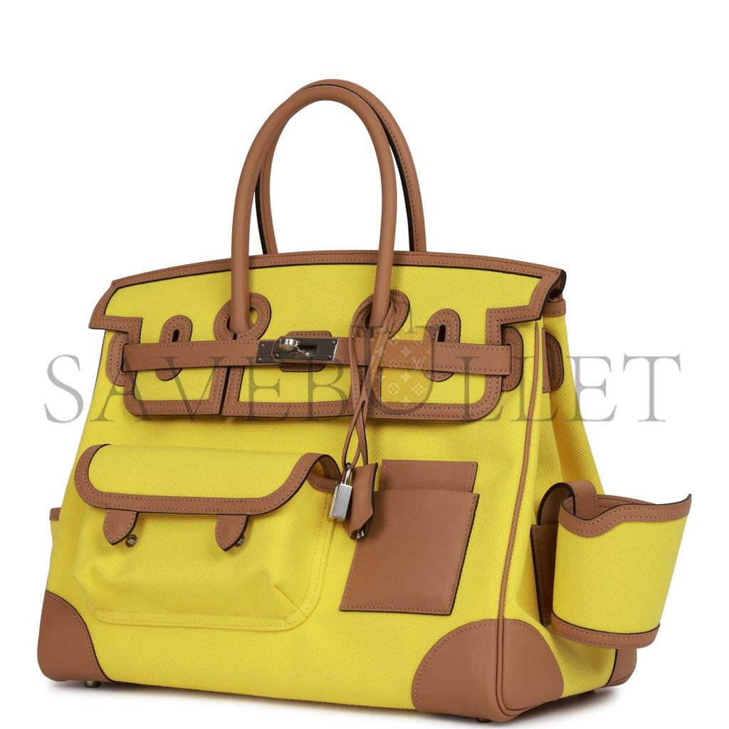 HERMES MASTER BIRKIN 35 CARGO JAUNE CITRON TOILE AND CHAI SWIFT PALLADIUM HARDWARE (35*28*18cm)