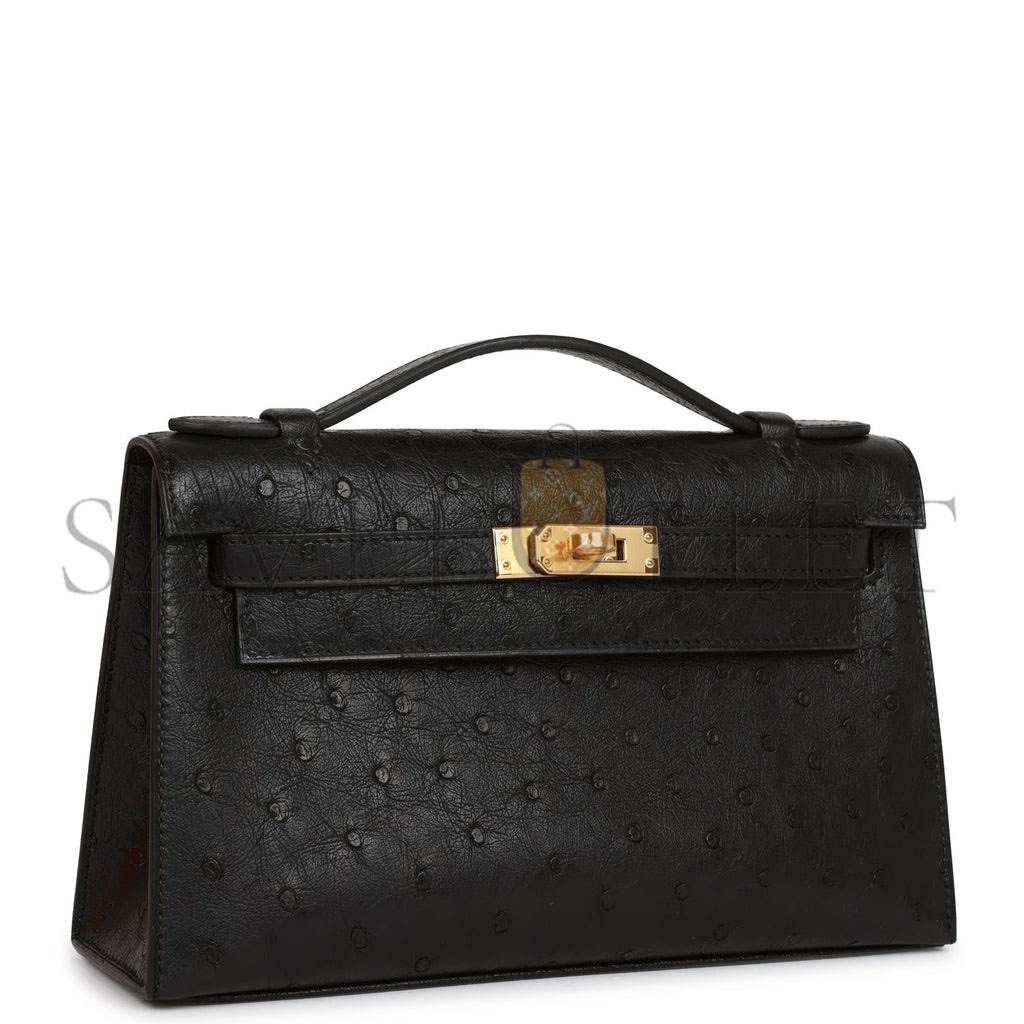 HERMES KELLY POCHETTE BLACK OSTRICH GOLD HARDWARE (22*12*13cm)
