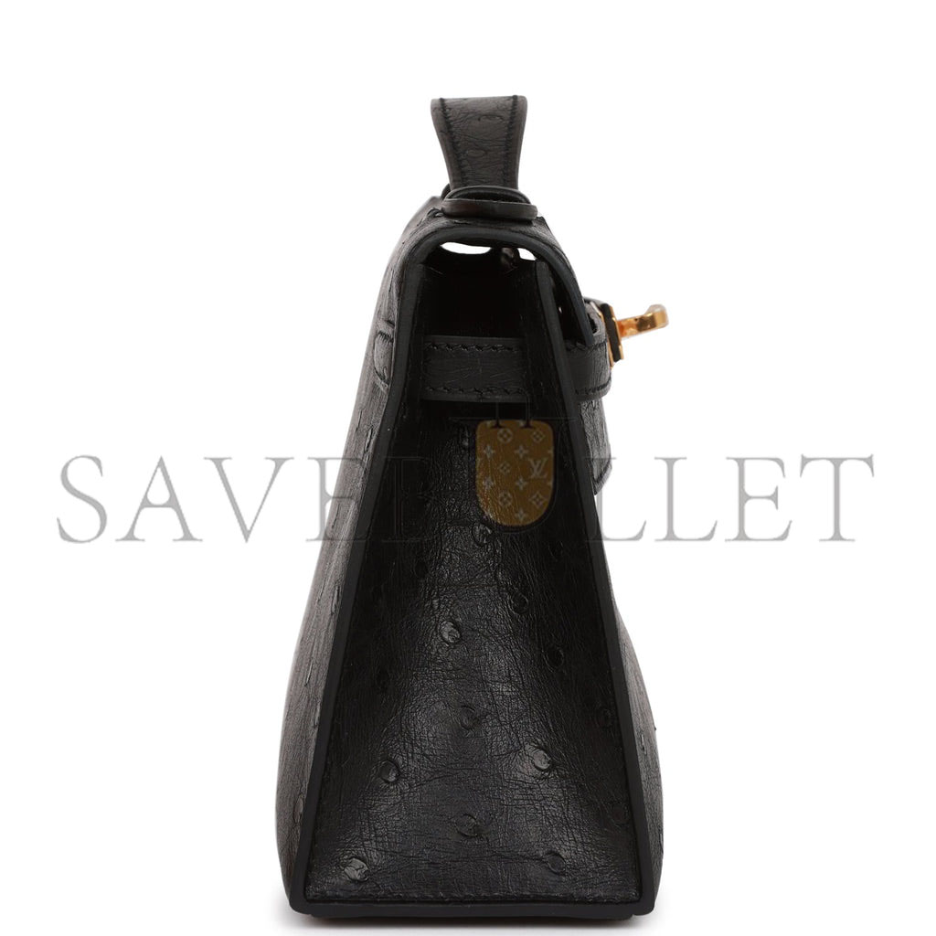 HERMES KELLY POCHETTE BLACK OSTRICH GOLD HARDWARE (22*12*13cm)