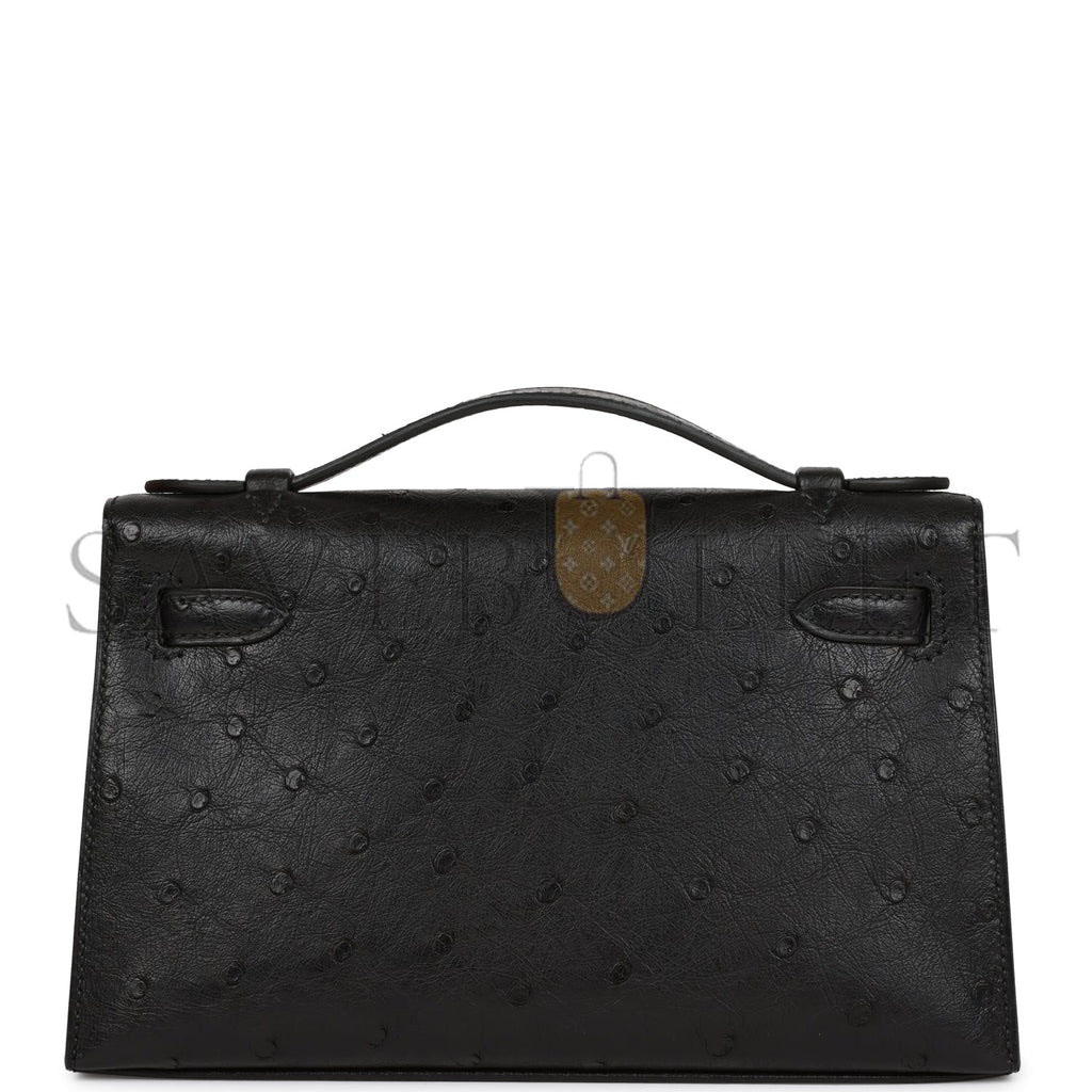 HERMES KELLY POCHETTE BLACK OSTRICH GOLD HARDWARE (22*12*13cm)