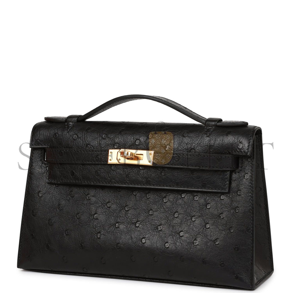 HERMES KELLY POCHETTE BLACK OSTRICH GOLD HARDWARE (22*12*13cm)