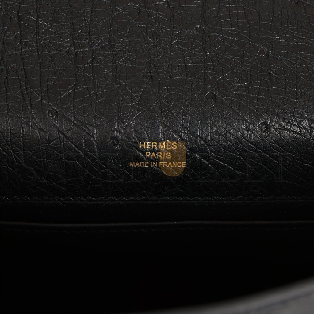 HERMES KELLY POCHETTE BLACK OSTRICH GOLD HARDWARE (22*12*13cm)