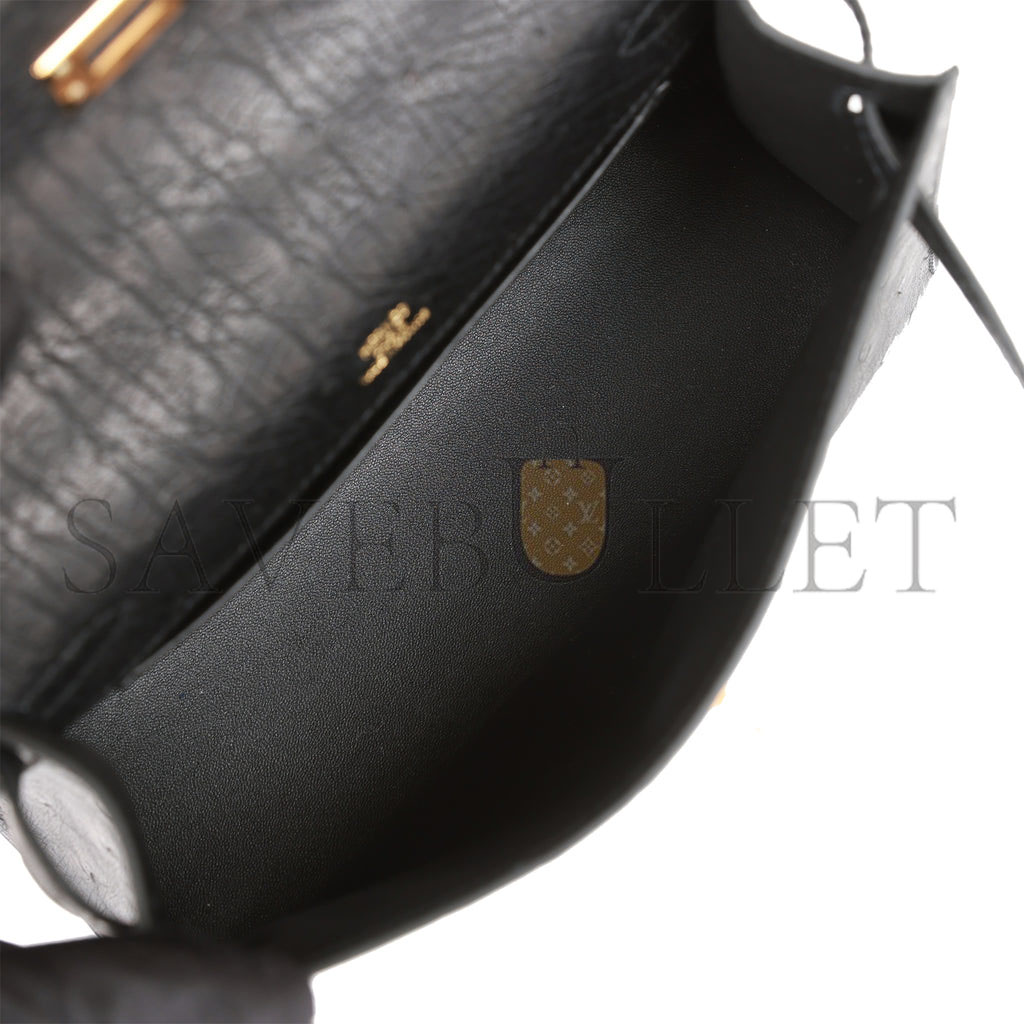 HERMES KELLY POCHETTE BLACK OSTRICH GOLD HARDWARE (22*12*13cm)
