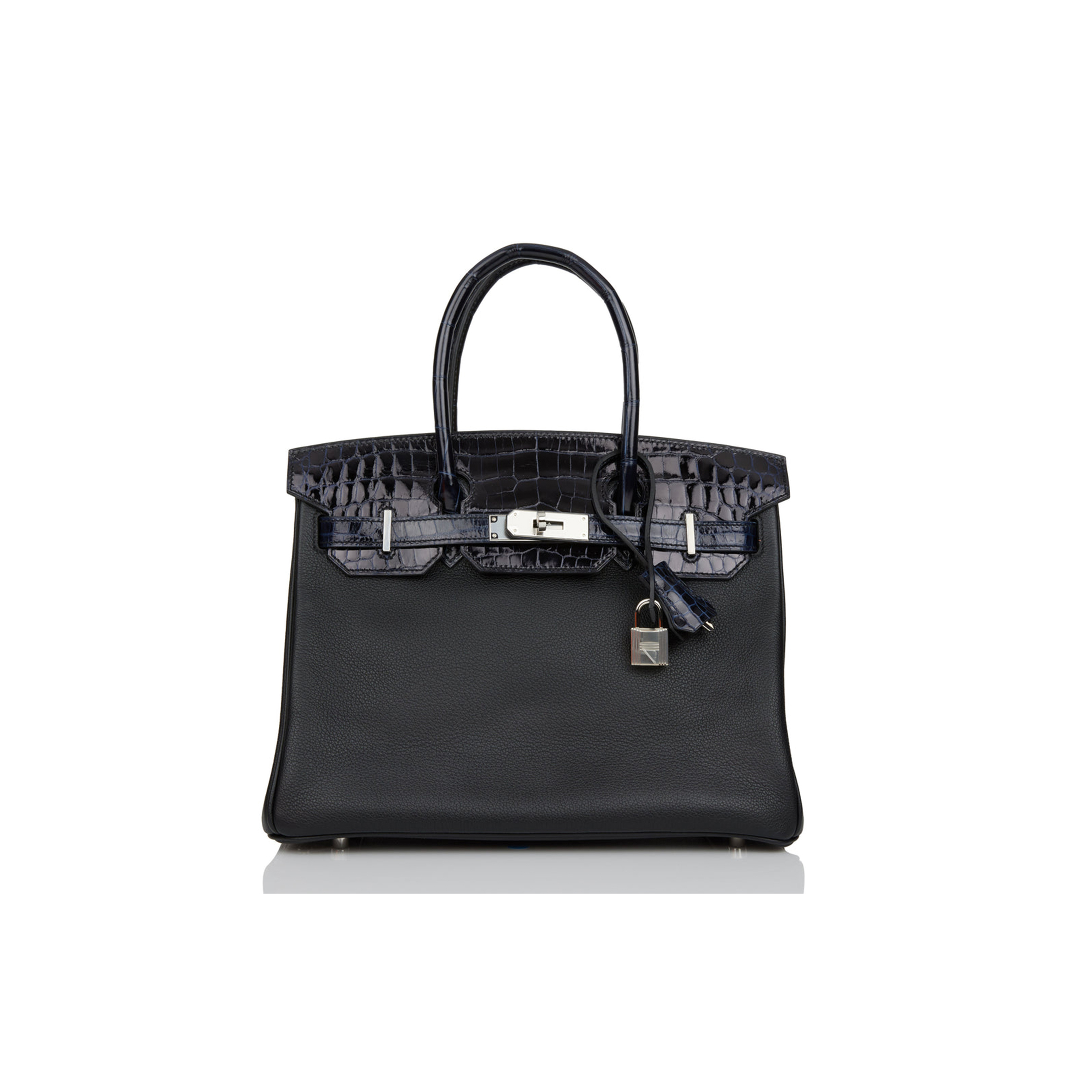 HERMES MASTER BIRKIN 25 BLEU MARINE SHINY NILOTICUS CROCODILE PATTERN AND BLACK NOVILLO TOUCH PALLADIUM HARDWARE (25cm)
