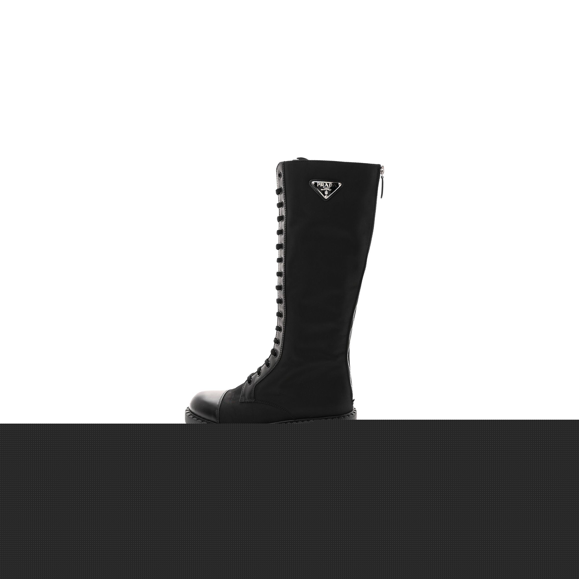 PRADA RE-NYLON SPAZZOLATO ROIS METAL TRIANGLE LOGO TALL 50MM COMBAT BOOTS 38.5 BLACK