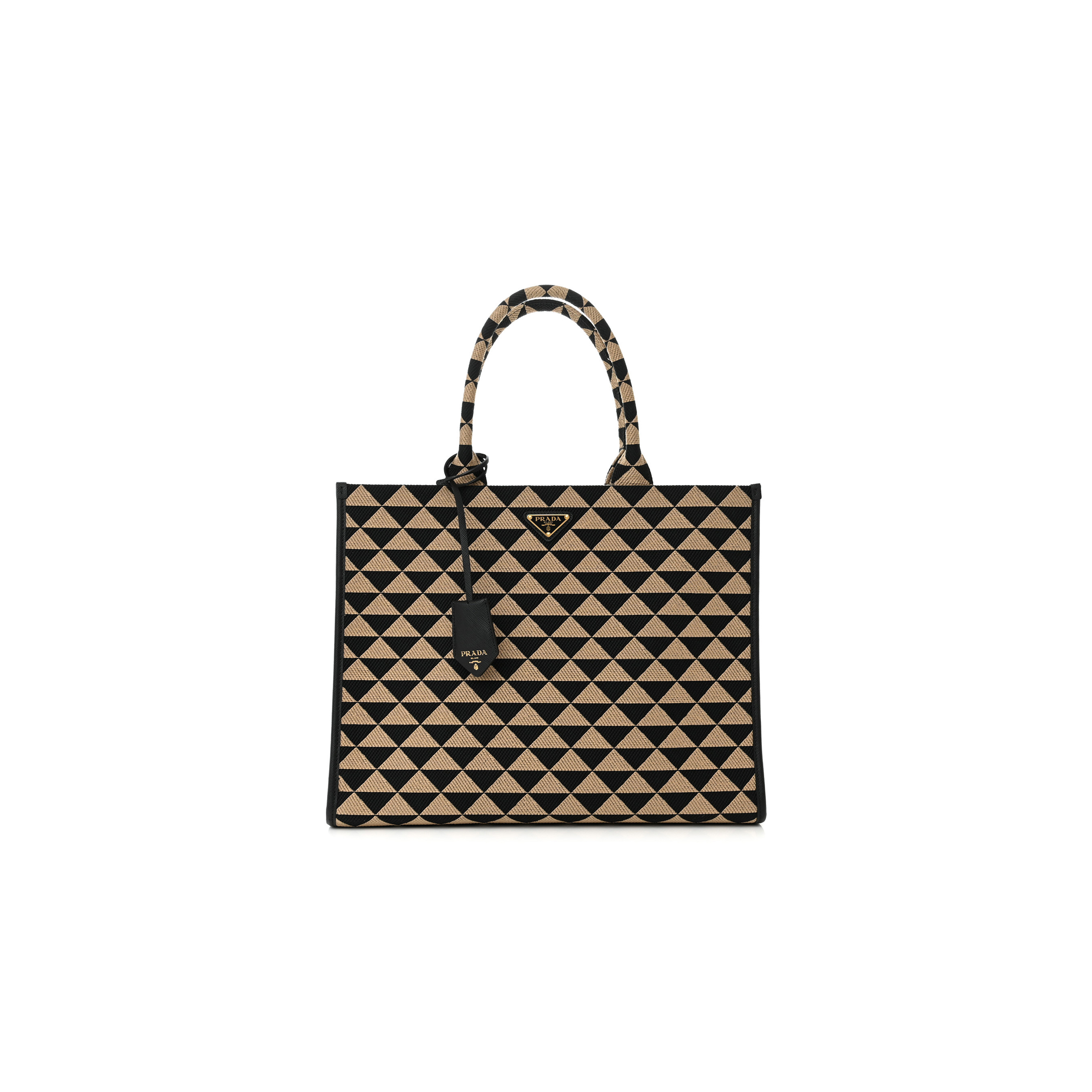 PRADA JACQUARD SAFFIANO TRIANGOLO SYMBOLE EMBROIDERED LARGE TOTE BLACK CORDA 1BA356 (39*31*10cm)