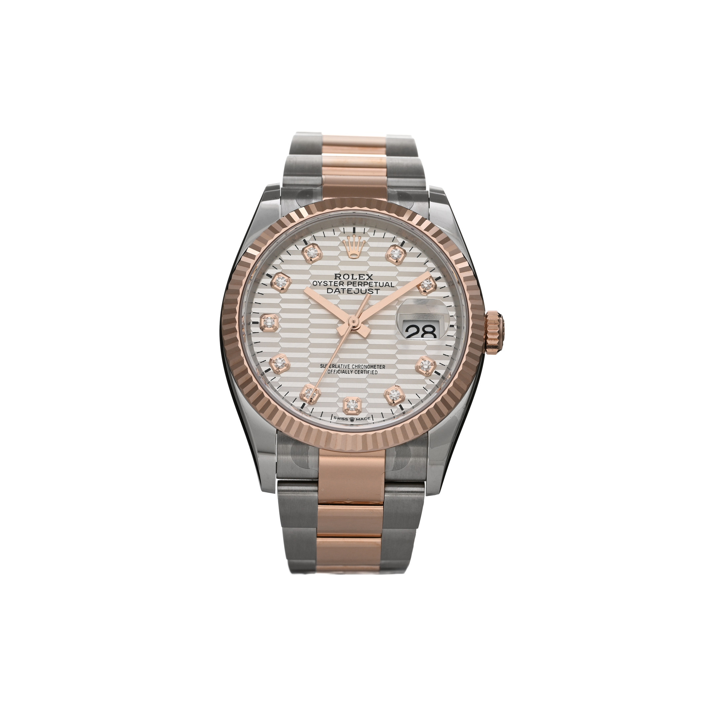 ROLEX STAINLESS STEEL 18K EVEROSE GOLD DIAMOND 36MM OYSTER PERPETUAL DATEJUST WATCH SILVER FLUTED 126231