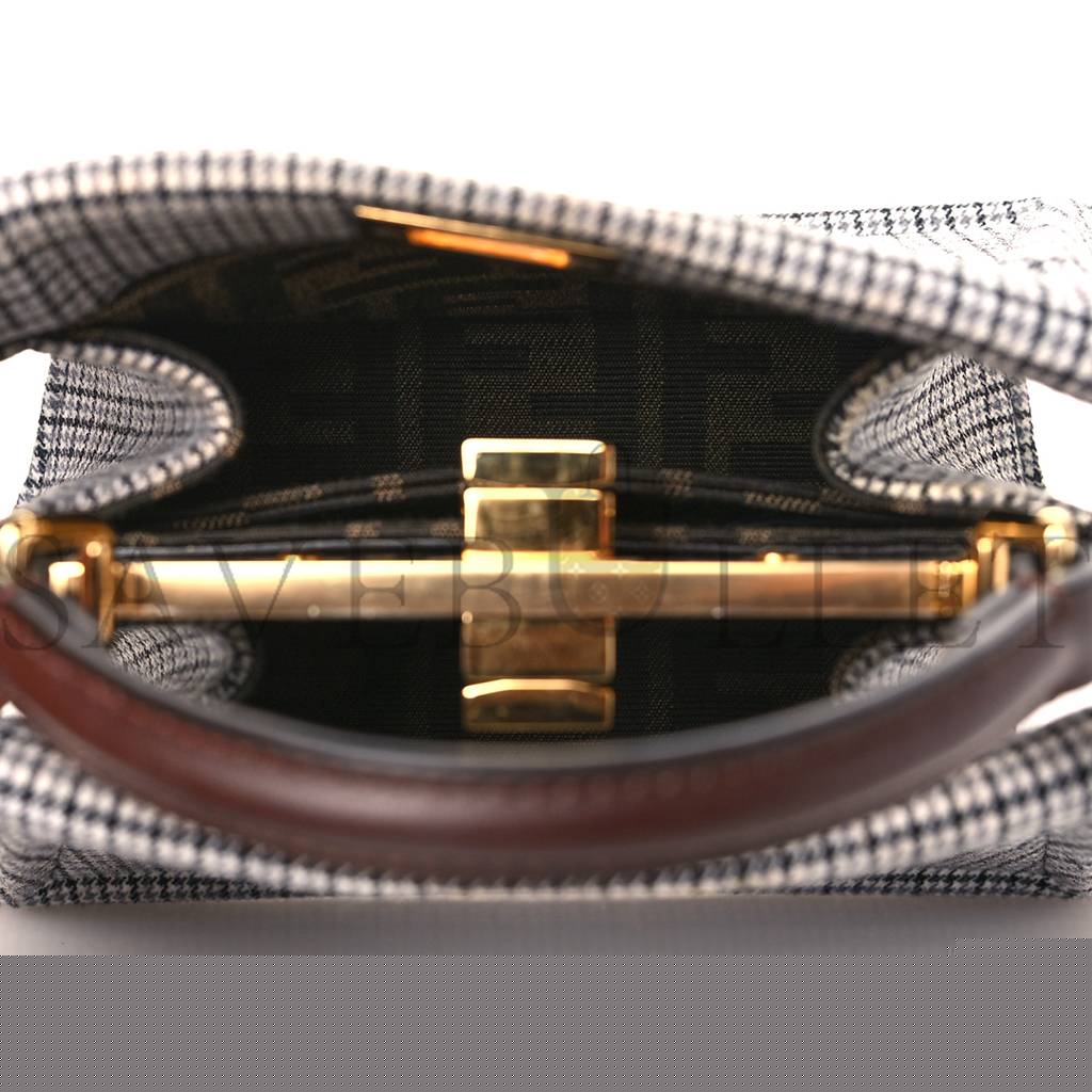 FENDI WOOL FABRIC JACQUARD CUOIO HOUNDSTOOTH FF 1974 PETITE PEEKABOO I SEE U SATCHEL GREY BLACK (20*15*11cm)