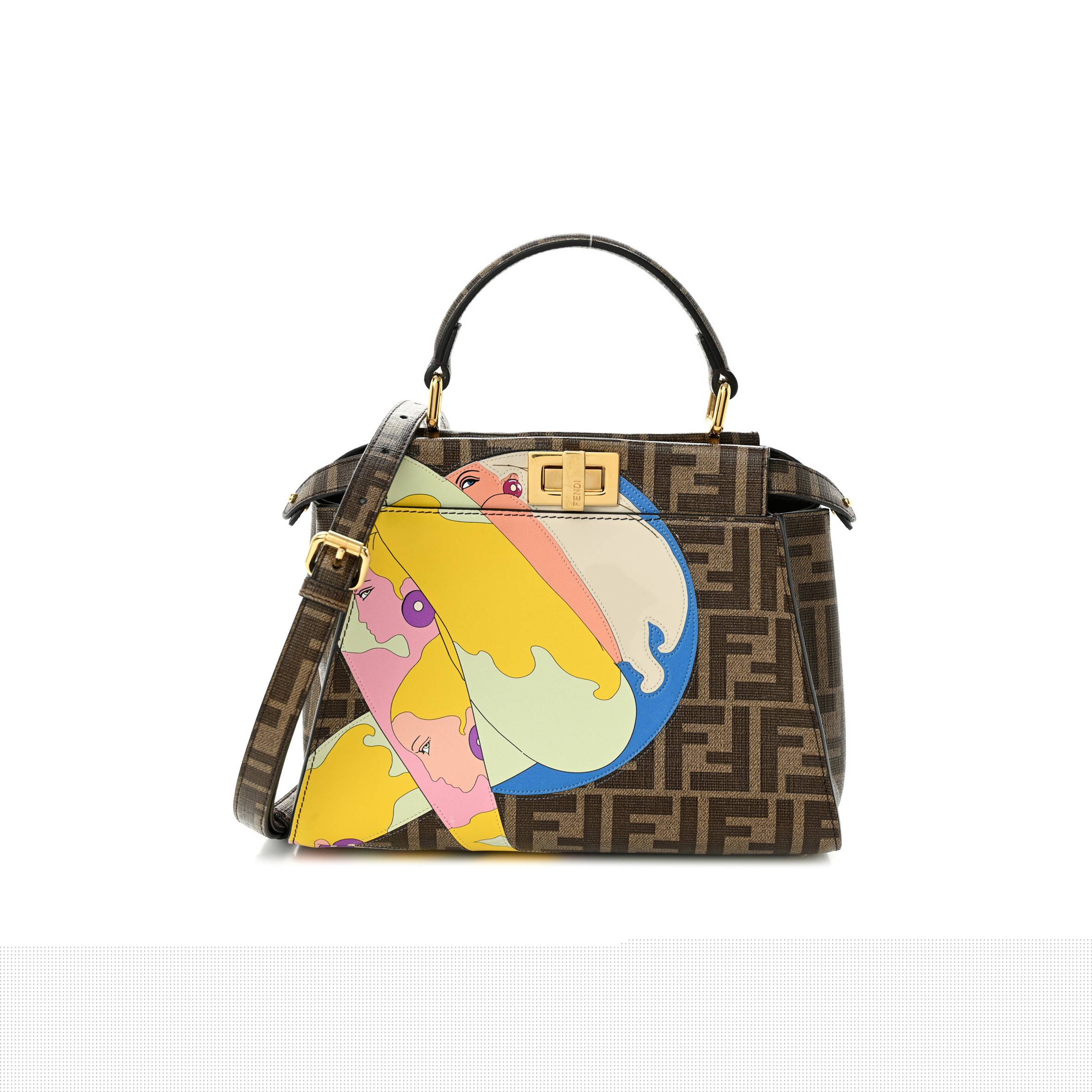 FENDI GLAZED FABRIC VITELLO FF 1974 HAIRDO GIRLS INLAY MINI PEEKABOO ICONIC SATCHEL MOGANO PANNA MULTICOLOR (23*18*13cm)