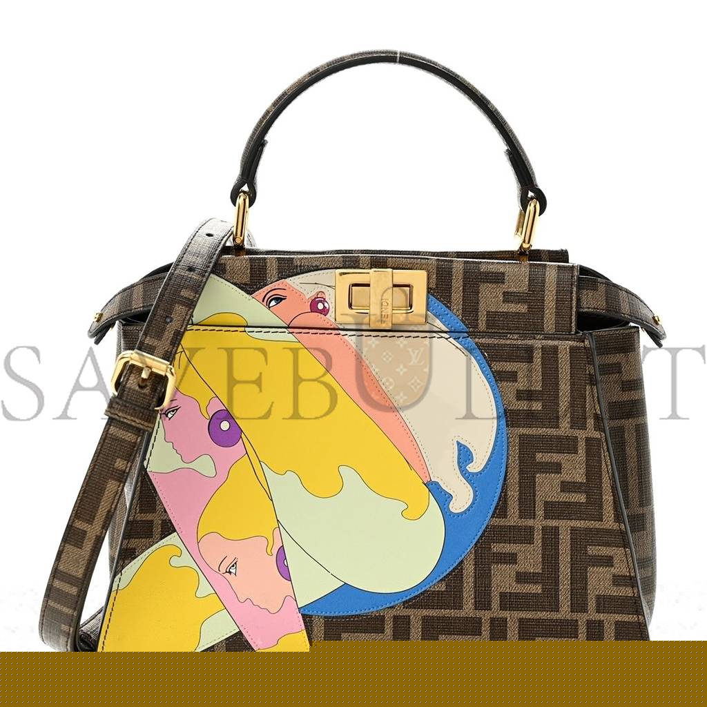 FENDI GLAZED FABRIC VITELLO FF 1974 HAIRDO GIRLS INLAY MINI PEEKABOO ICONIC SATCHEL MOGANO PANNA MULTICOLOR (23*18*13cm)