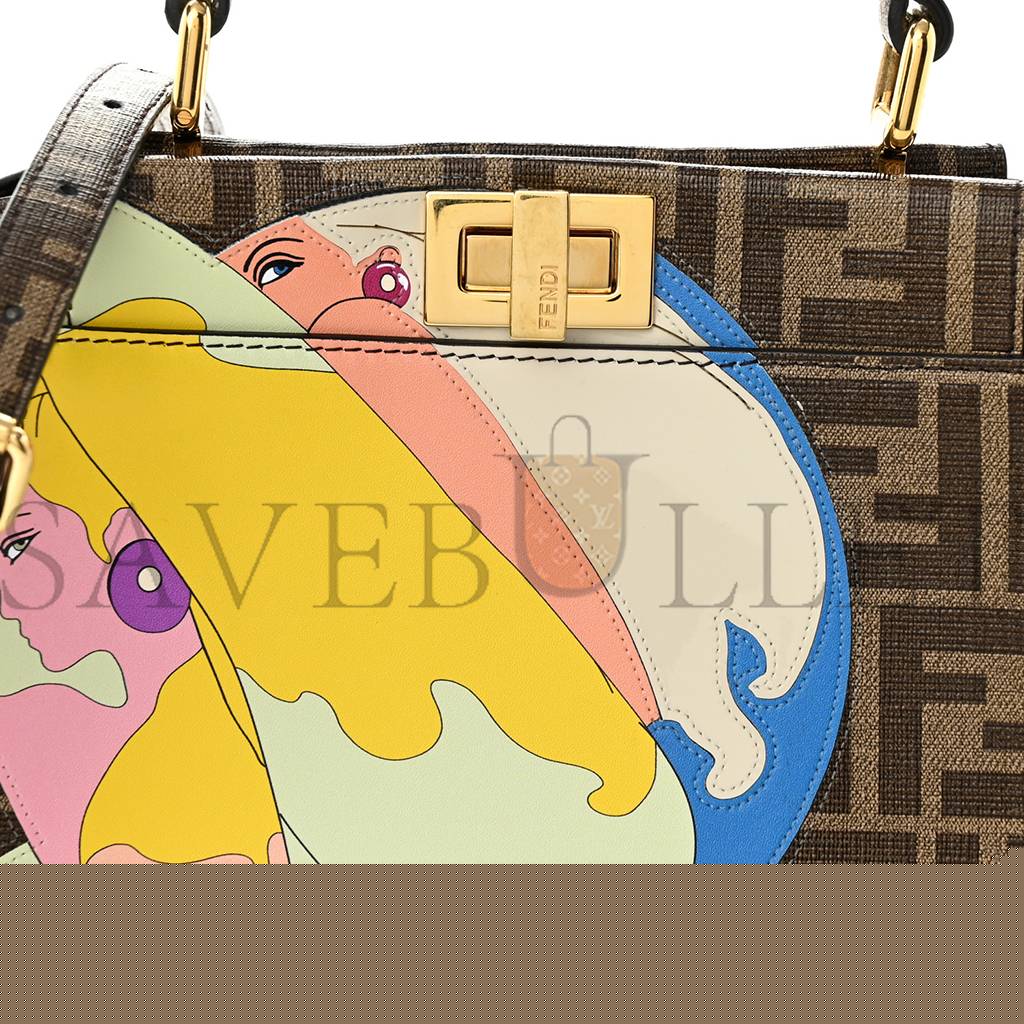 FENDI GLAZED FABRIC VITELLO FF 1974 HAIRDO GIRLS INLAY MINI PEEKABOO ICONIC SATCHEL MOGANO PANNA MULTICOLOR (23*18*13cm)