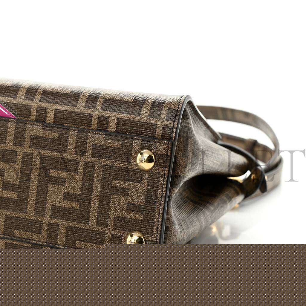FENDI GLAZED FABRIC VITELLO FF 1974 HAIRDO GIRLS INLAY MINI PEEKABOO ICONIC SATCHEL MOGANO PANNA MULTICOLOR (23*18*13cm)