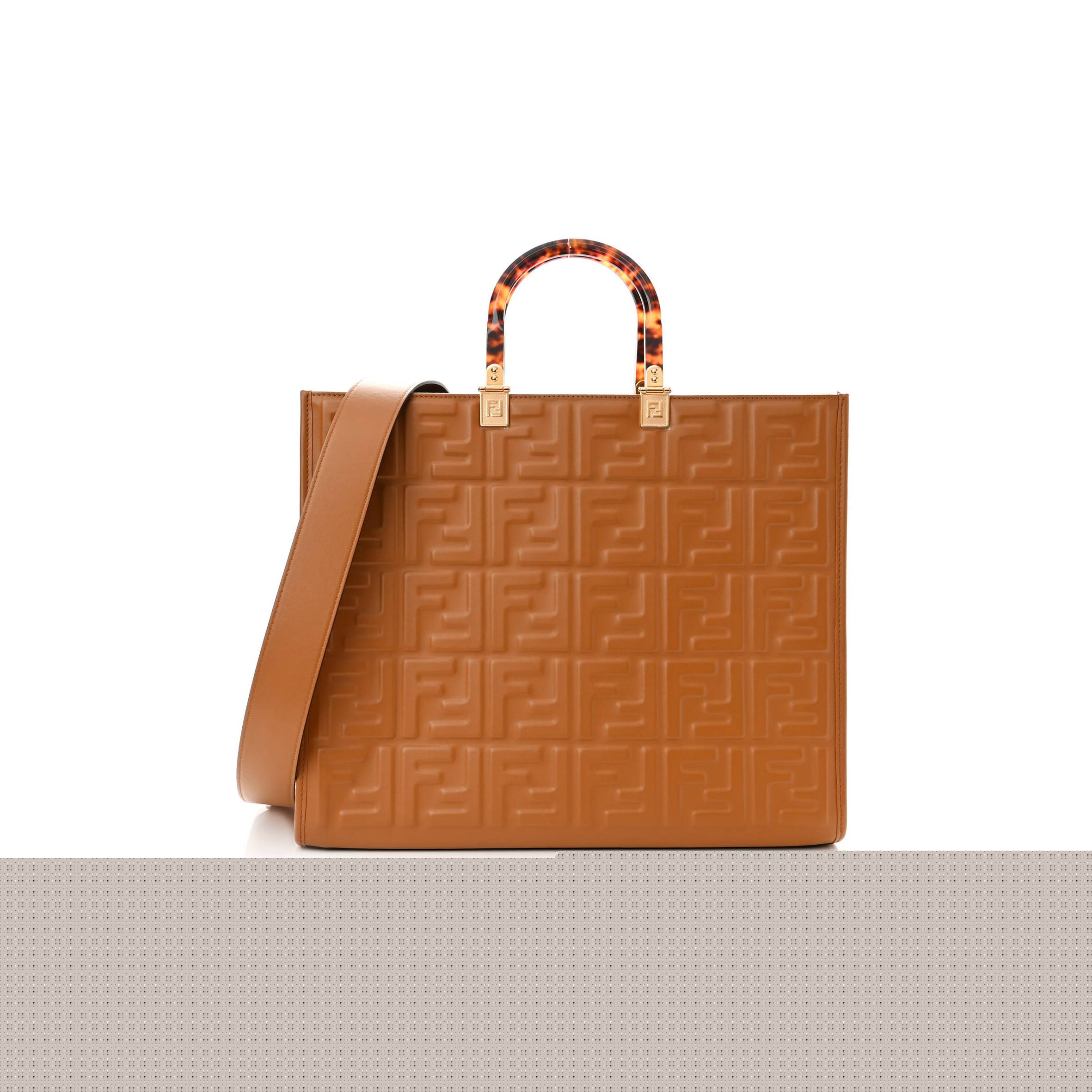 FENDI VITELLO PLEXIGLASS FF EMBOSSED MEDIUM FENDI SUNSHINE SHOPPER TOTE CARAMELLO (35*31*17cm)