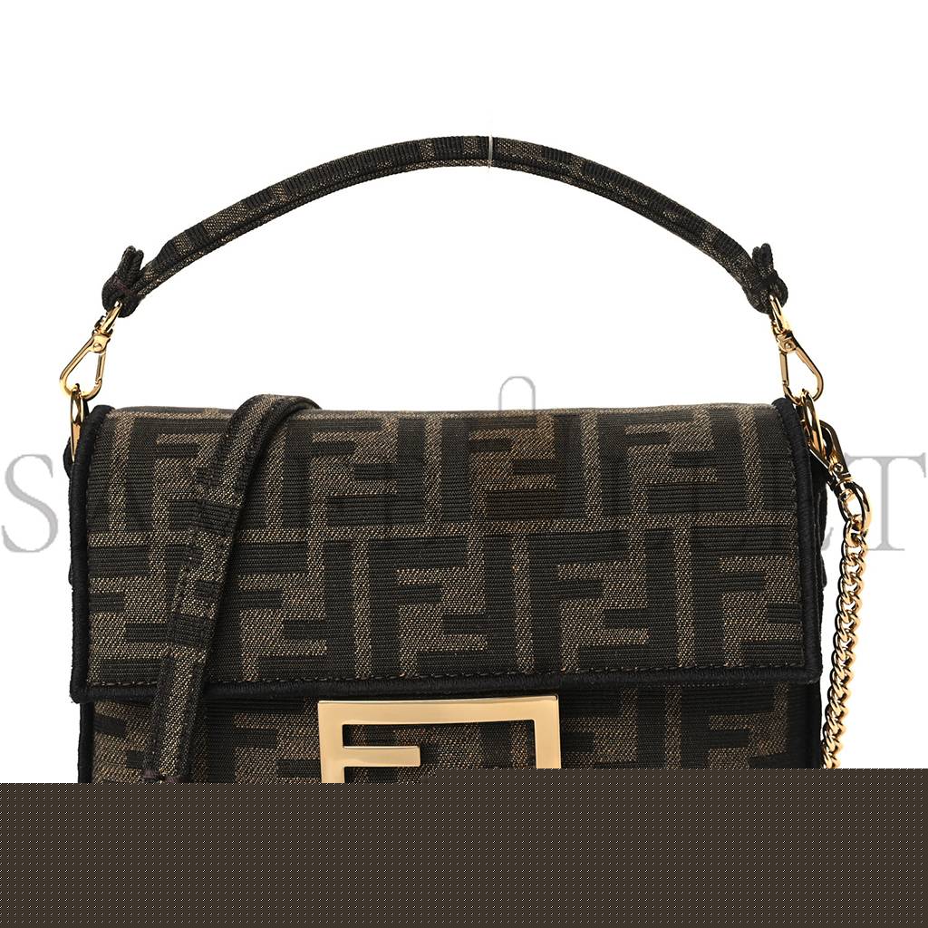 FENDI FABRIC JACQUARD FF 1974 MINI BAGUETTE TOBACCO MORO BLACK (19*11*5cm)