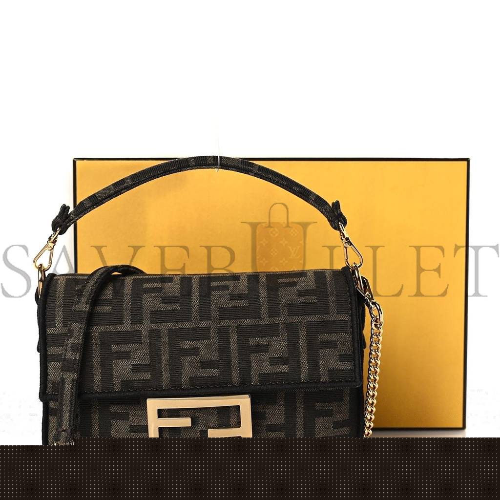 FENDI FABRIC JACQUARD FF 1974 MINI BAGUETTE TOBACCO MORO BLACK (19*11*5cm)