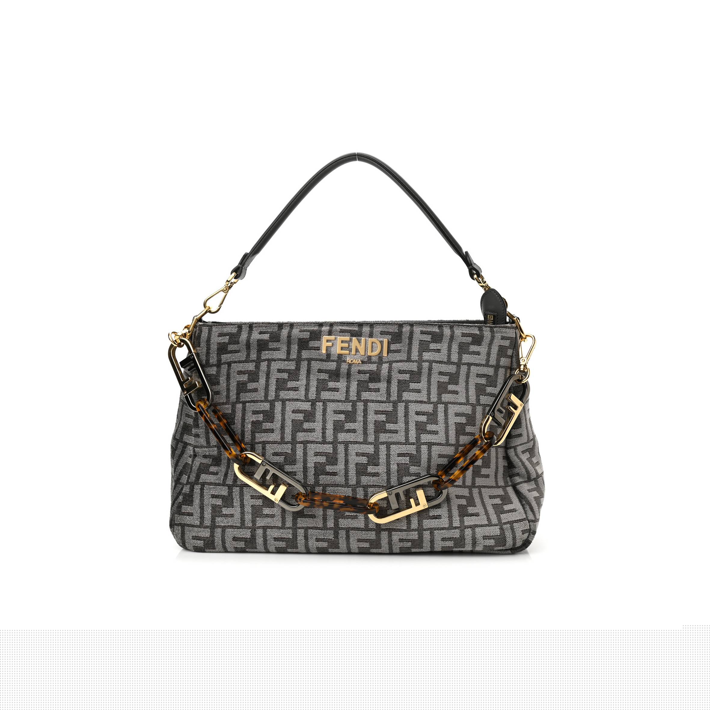 FENDI CHENILLE VITELLO SETA PLEXIGLASS FF FENDI O'LOCK ZIPPER ANTHRACITE ASFALTO (35*23*14cm)