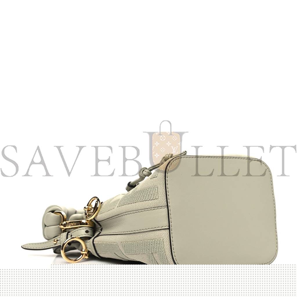 FENDI CANVAS VITELLO GRACE F IS FENDI FF EMBROIDERED MINI MON TRESOR BUCKET BAG LIGHT GREEN (18*12*10cm)