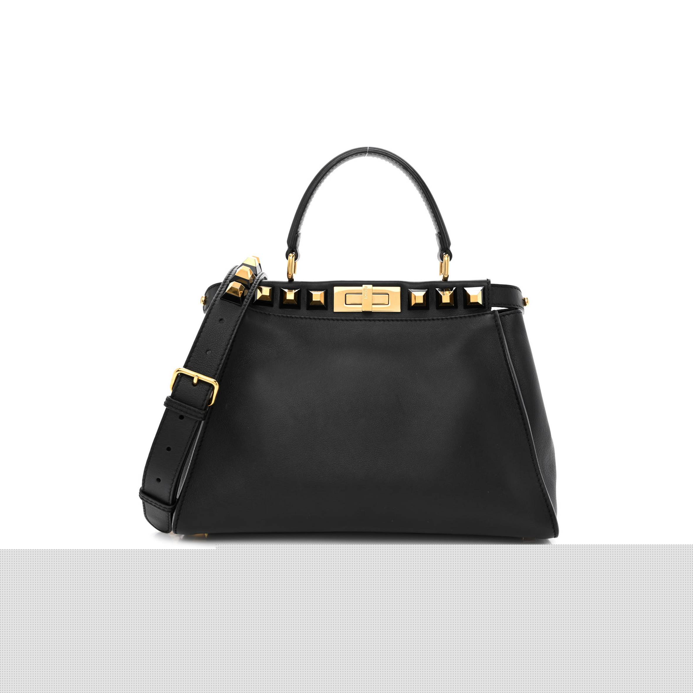 FENDI CALFSKIN STUDDED MEDIUM PEEKABOO ICONIC SATCHEL BLACK (34*24*12cm)